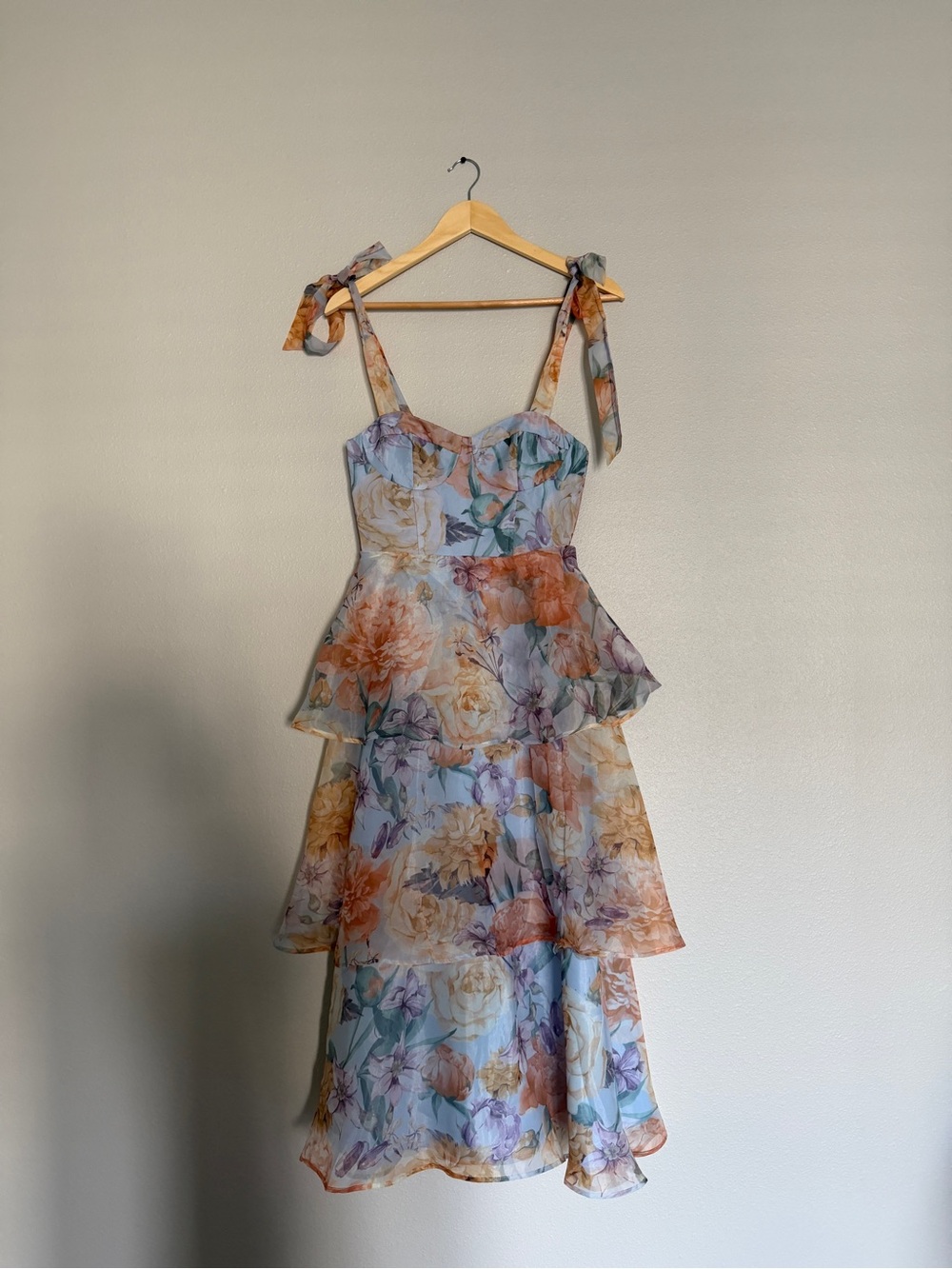 Lulus Playfully Posh Blue Floral Organza Tie-Strap Tiered Midi Dress - Picture 2 of 6